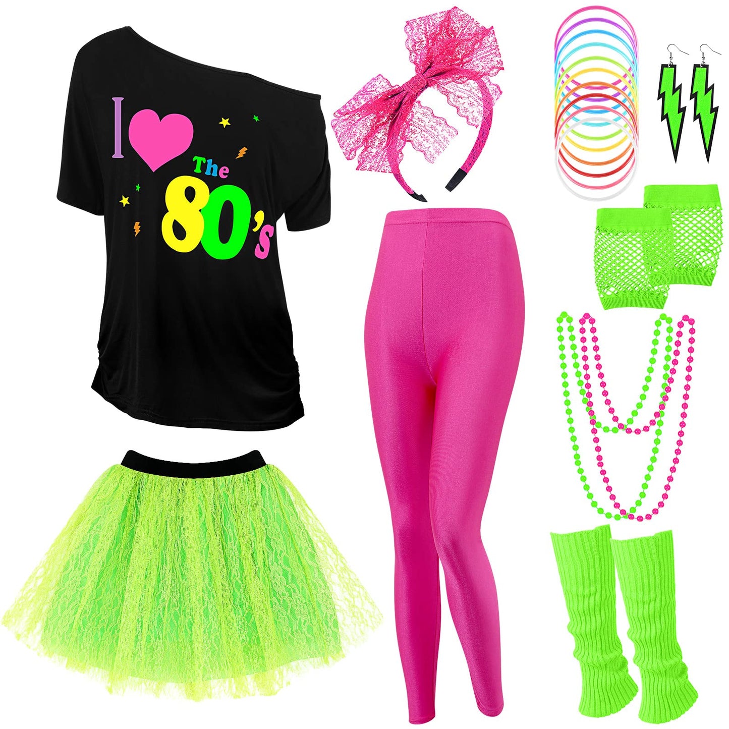 Vabean 19 Pcs 80s Costume Set T Shirt Leggings Tutu Skirt Headband Necklace Bracelets Earrings Gloves Leg Warmers for Women