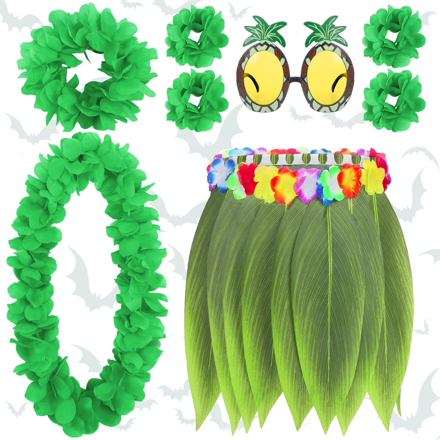 Elcoho 8 Pieces Grass Skirt Sunglasses Leis Necklace Bracelet Set Luau Decorations for Kids and Adults