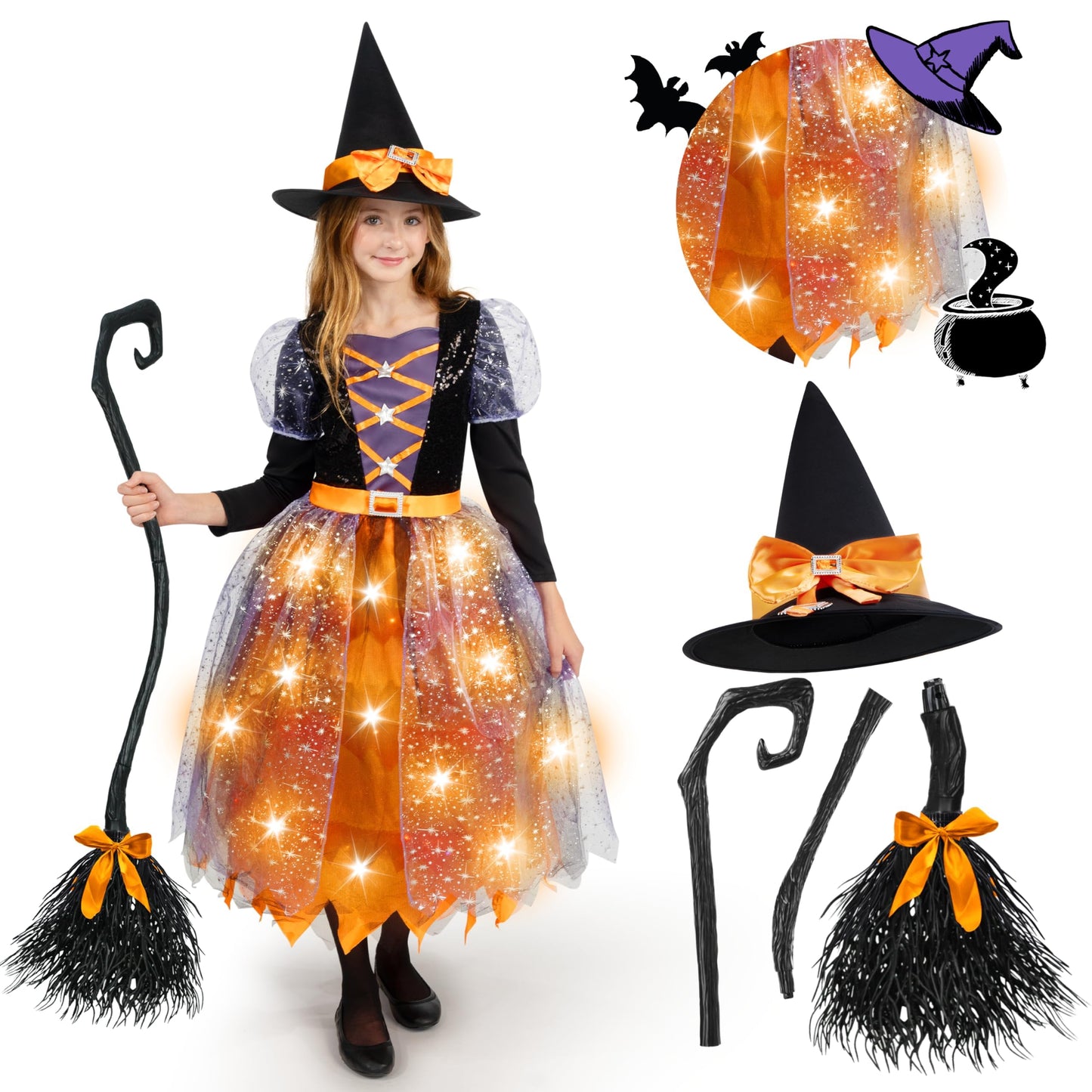 Spooktacular Creations Witch Costume Kids, Light Up Halloween Costumes Witch Dress with Hat and Broom for Girls, Sweet Wizard Set for Toddler Scary Halloween Themed Parties, Pink, S
