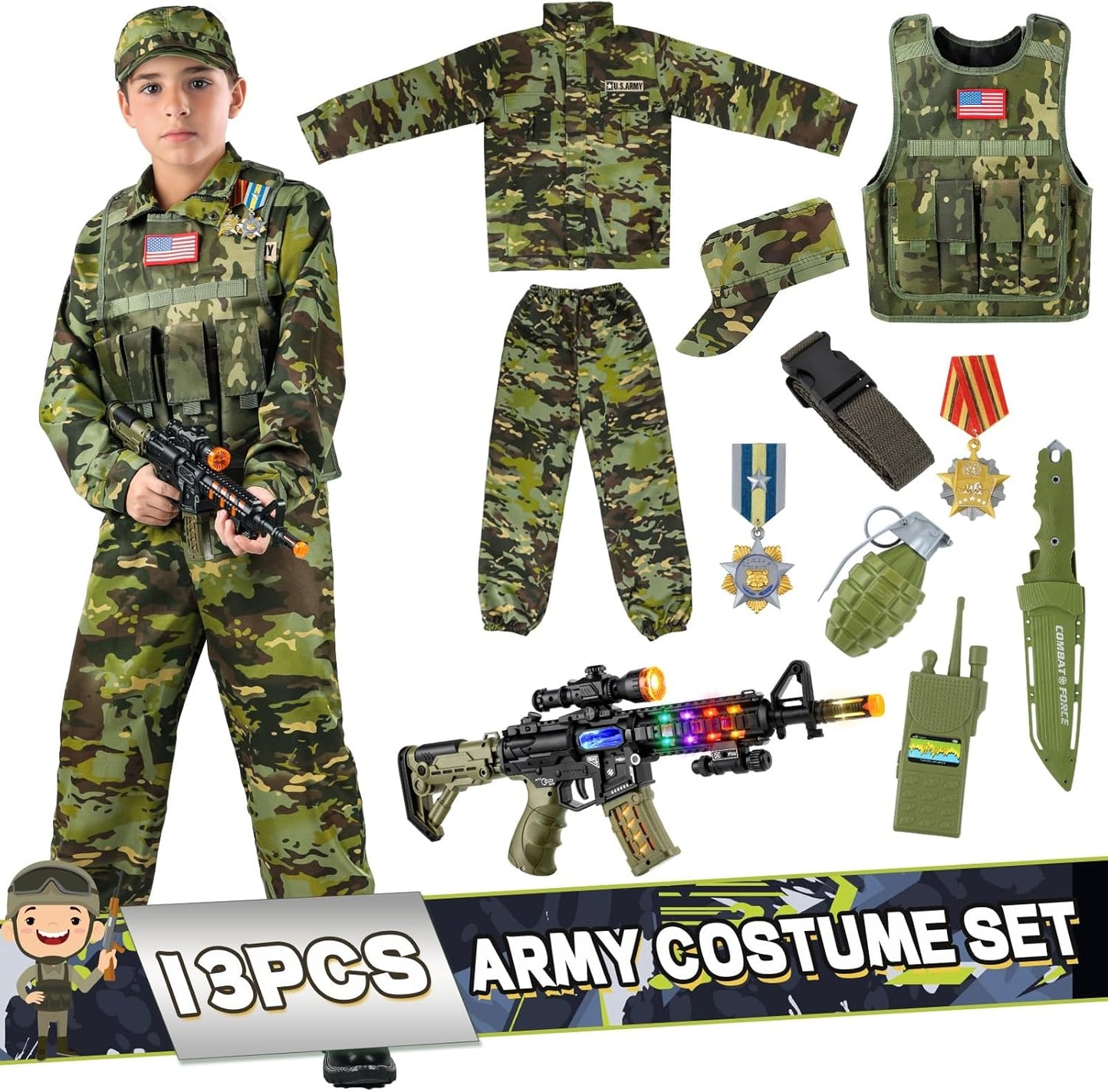 Kids Army Costume for Boys, Military Soldier Costume with Army Toys, Boys Halloween Costume with Vest Solider Boy