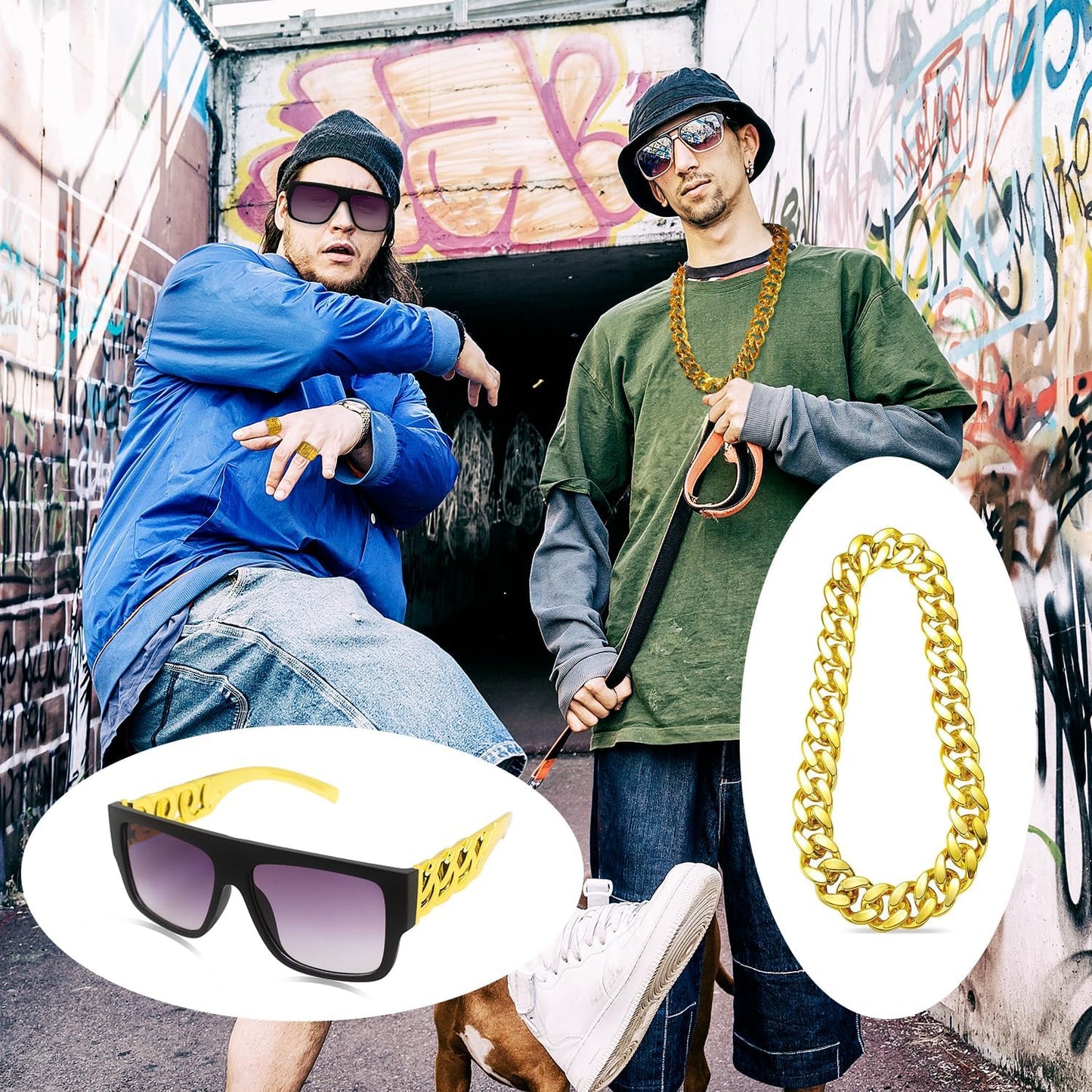 Hip Hop Costume Kit 80s 90s Rapper Accessories, Outfits for Men Women Cosplay Club Old School Themed Party Supplies