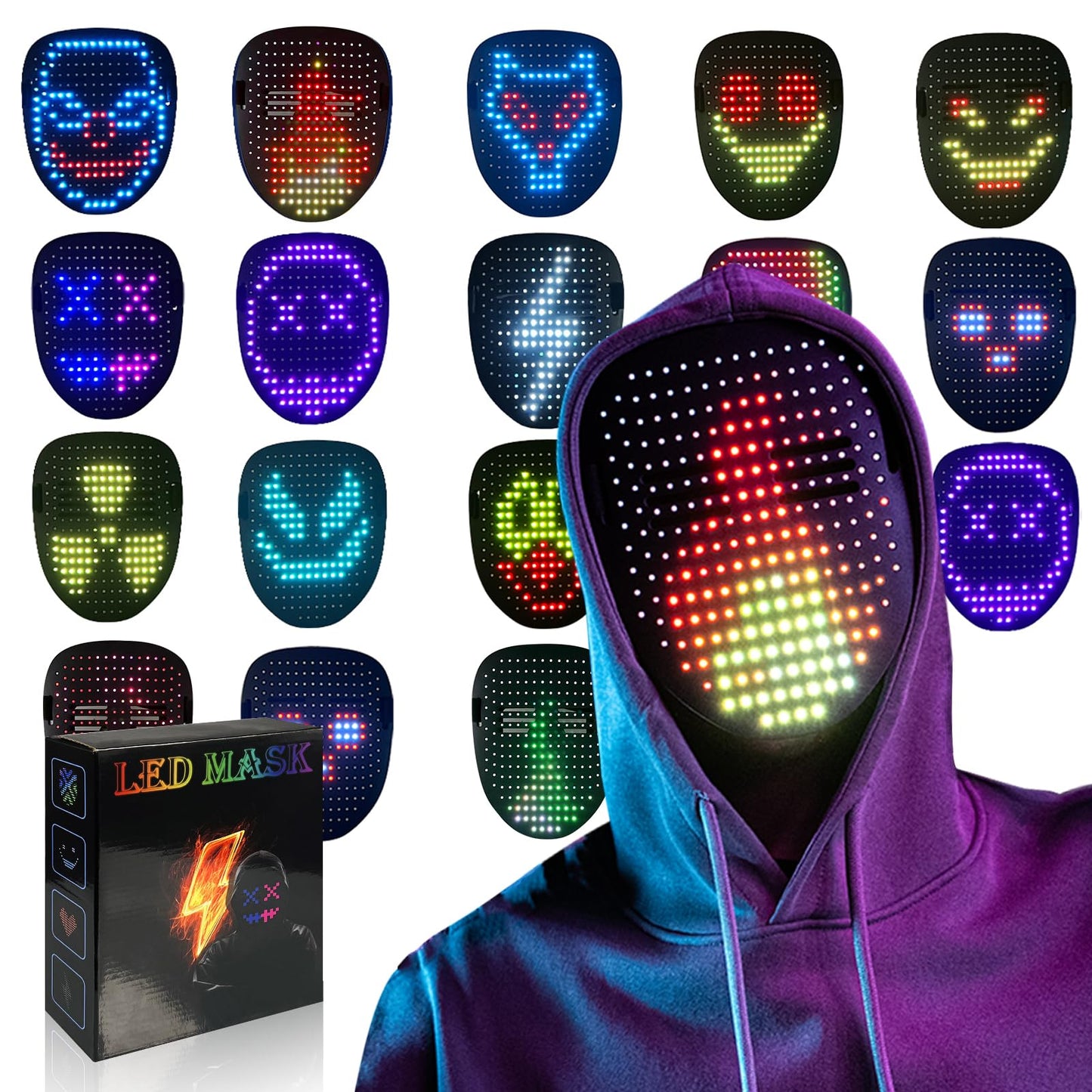 Led Mask with Gesture Sensing, Light up Face Transforming Mask for Halloween Xmas Costume Party