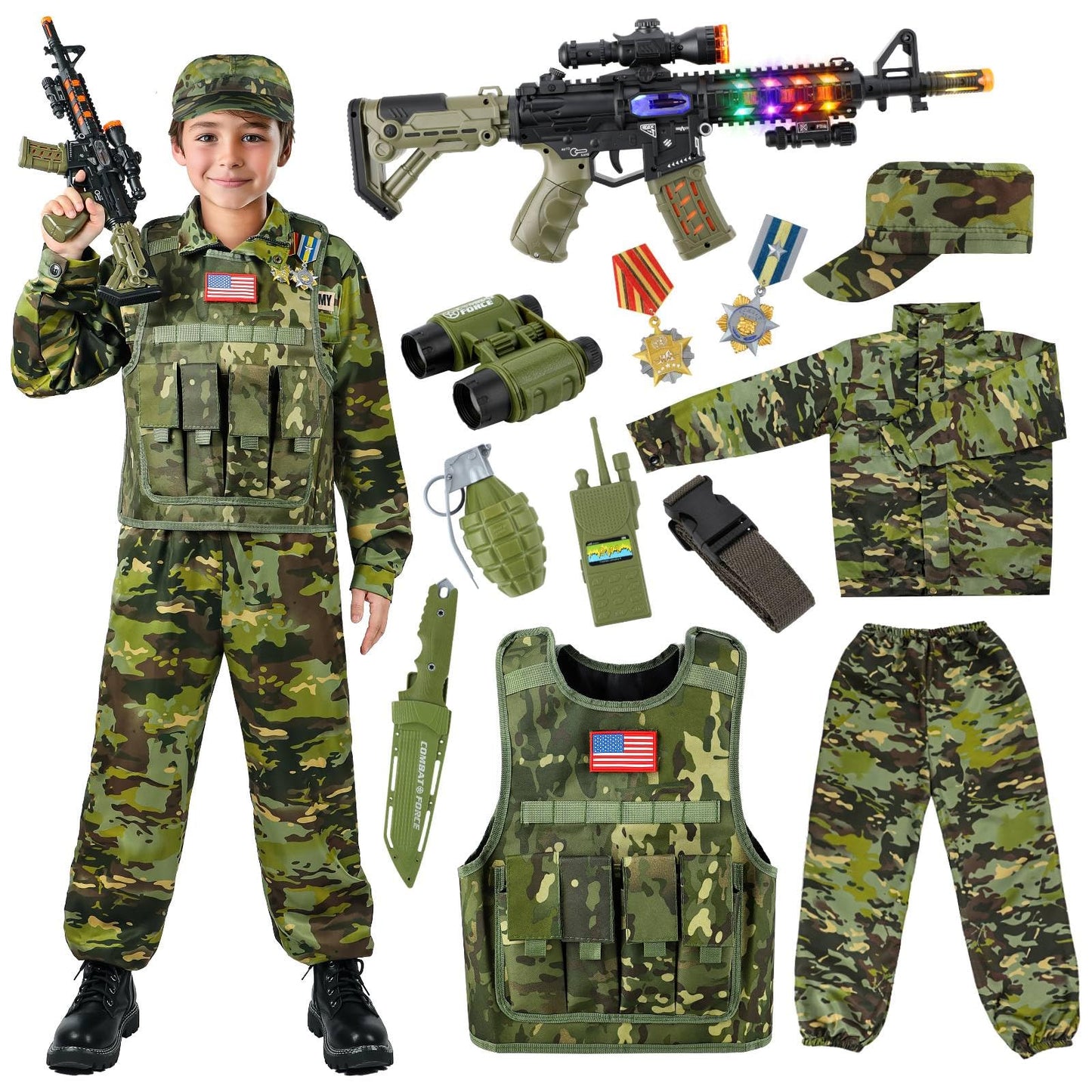 Kids Army Costume for Boys, Military Soldier Costume with Army Toys, Boys Halloween Costume with Vest Solider Boy