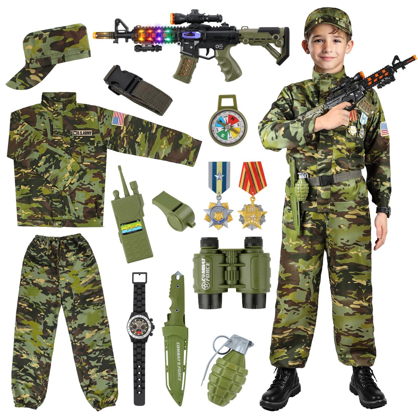 Kids Army Costume for Boys, Military Soldier Costume with Army Toys, Boys Halloween Costume with Vest Solider Boy