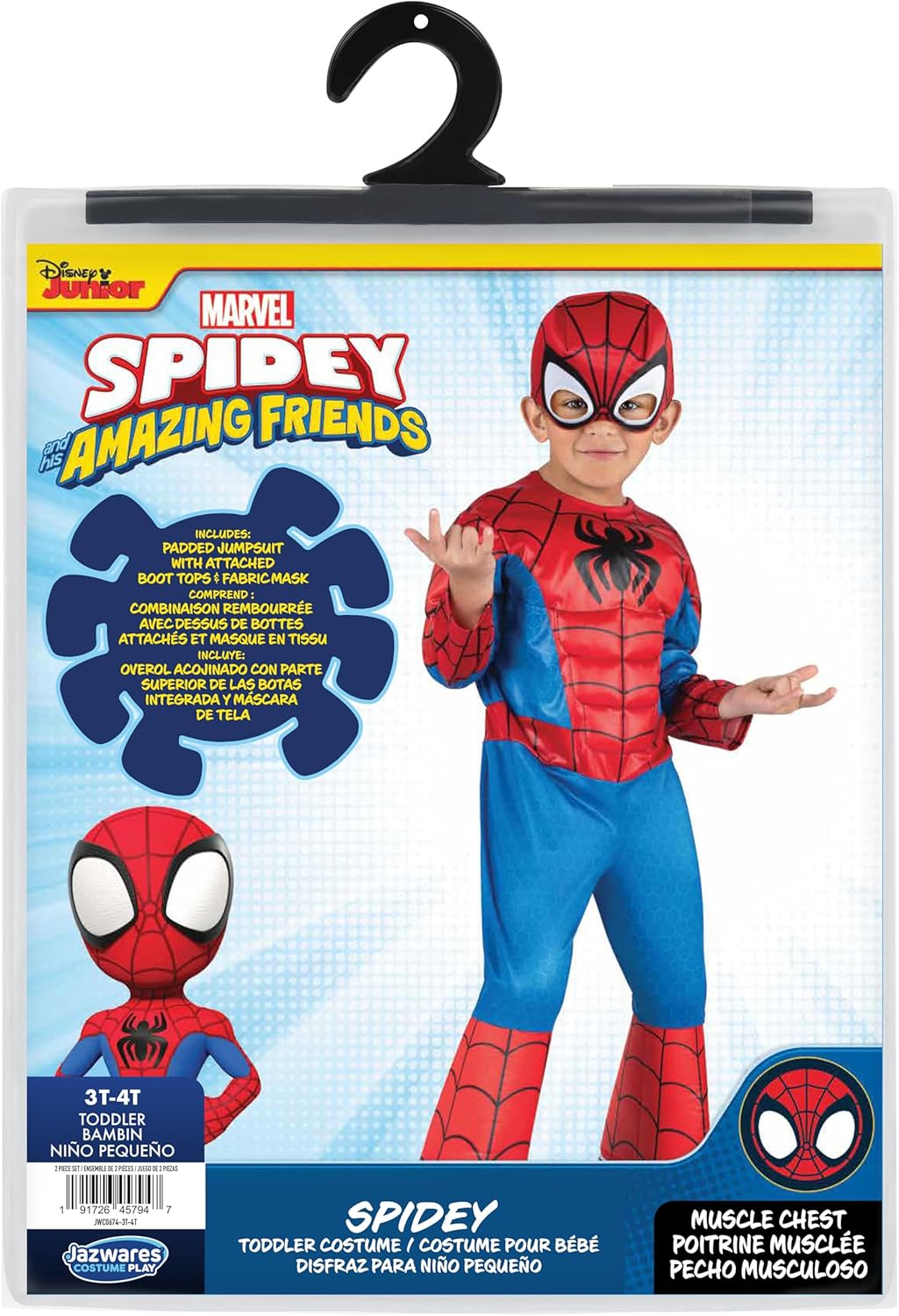 MARVEL Official Toddler Deluxe Halloween Costume - Premium Quality Padded Jumpsuit and Fabric Headpiece (3T-4T)