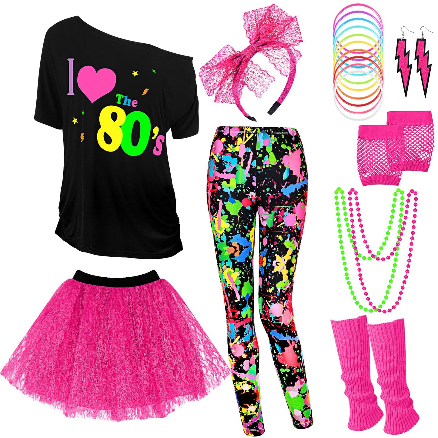 Vabean 19 Pcs 80s Costume Set T Shirt Leggings Tutu Skirt Headband Necklace Bracelets Earrings Gloves Leg Warmers for Women