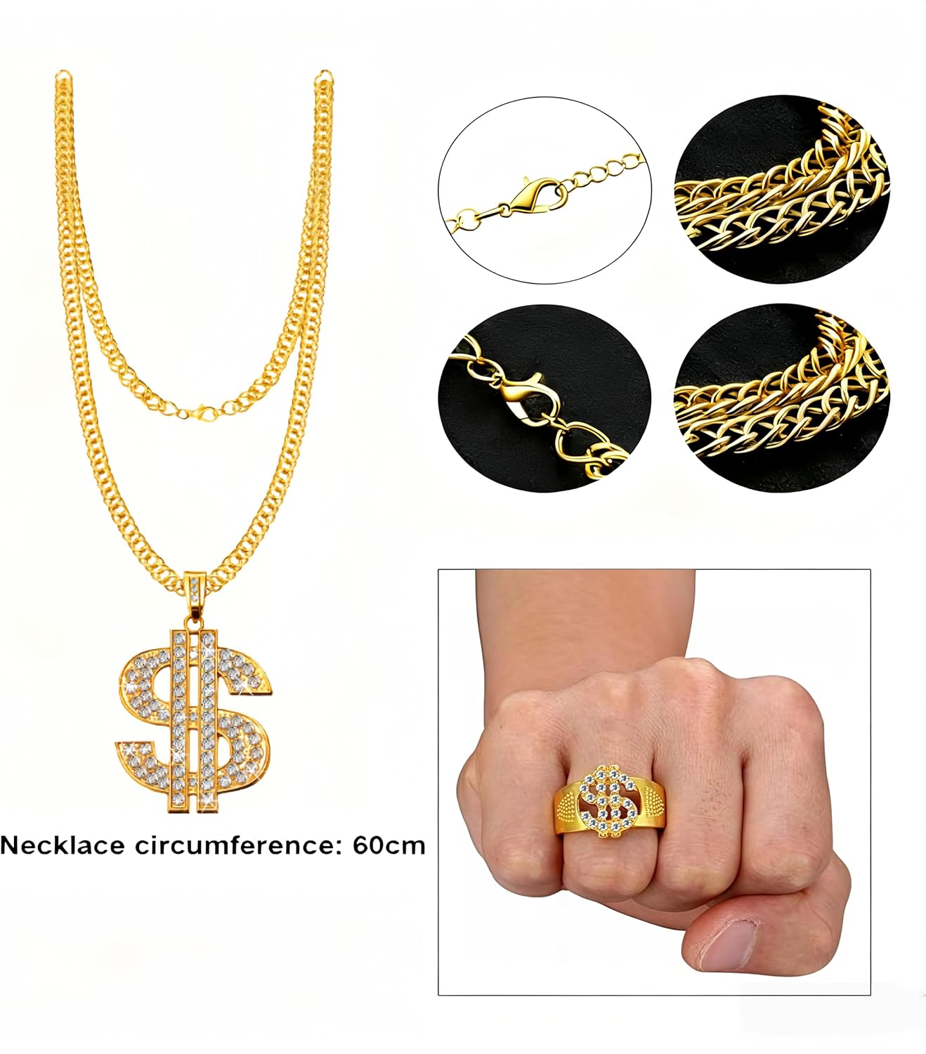 SATINIOR 80s 90s Hip Hop Costume Outfit Kit, 5 Pcs Dollar Chain Necklace Ring Bucket Hat Glasses Earring for Rapper Men Women