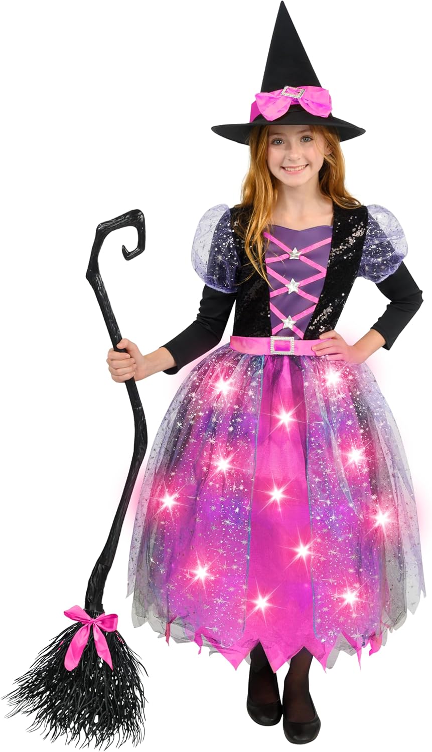 Spooktacular Creations Witch Costume Kids, Light Up Halloween Costumes Witch Dress with Hat and Broom for Girls, Sweet Wizard Set for Toddler Scary Halloween Themed Parties, Pink, S