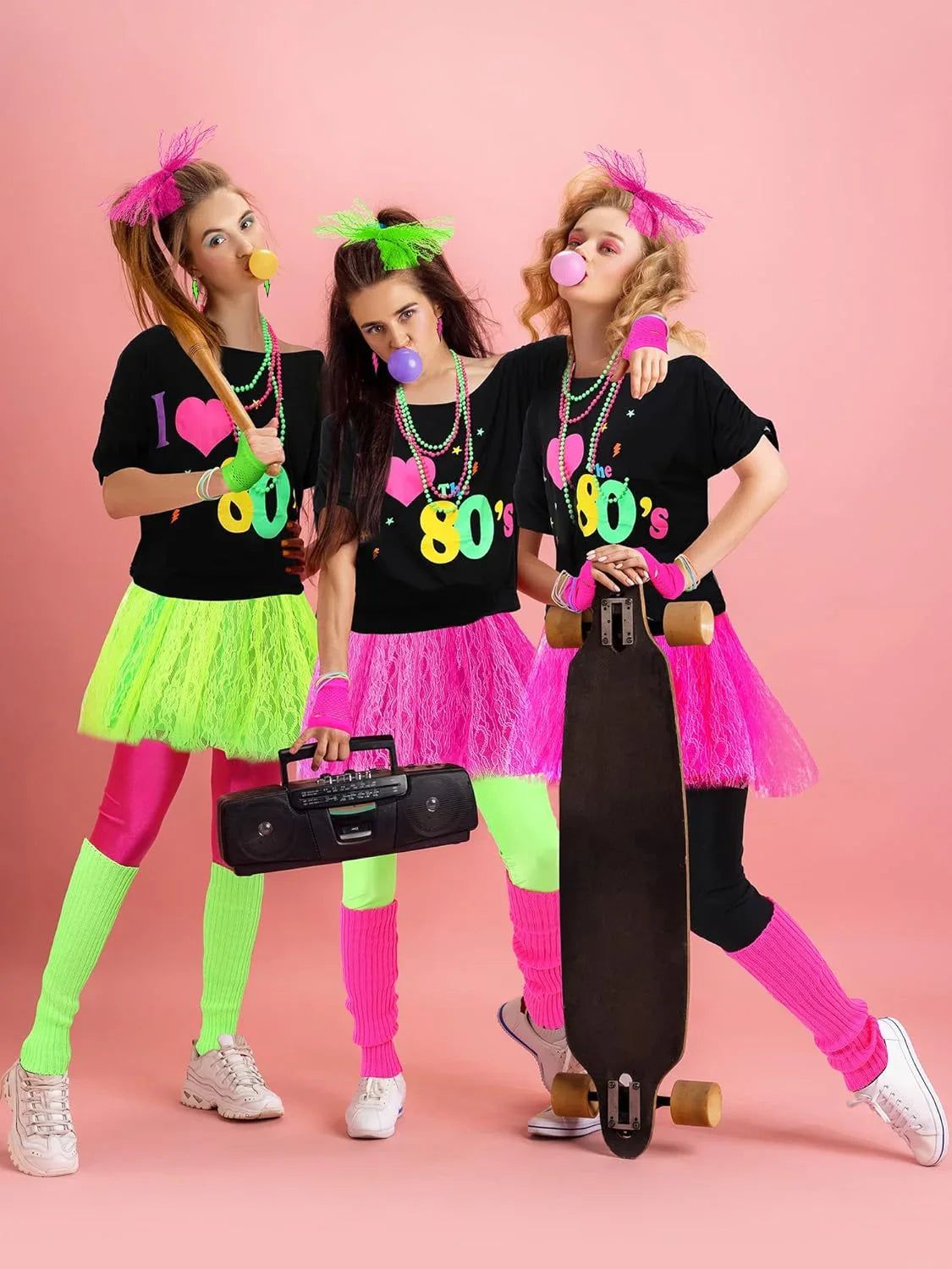 Vabean 19 Pcs 80s Costume Set T Shirt Leggings Tutu Skirt Headband Necklace Bracelets Earrings Gloves Leg Warmers for Women