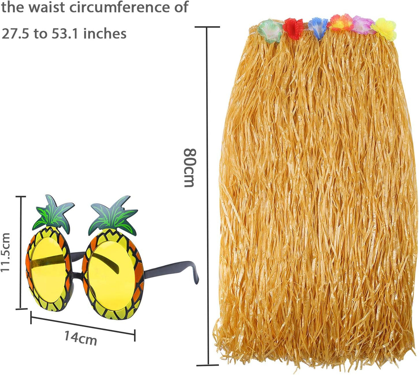 Elcoho 8 Pieces Grass Skirt Sunglasses Leis Necklace Bracelet Set Luau Decorations for Kids and Adults