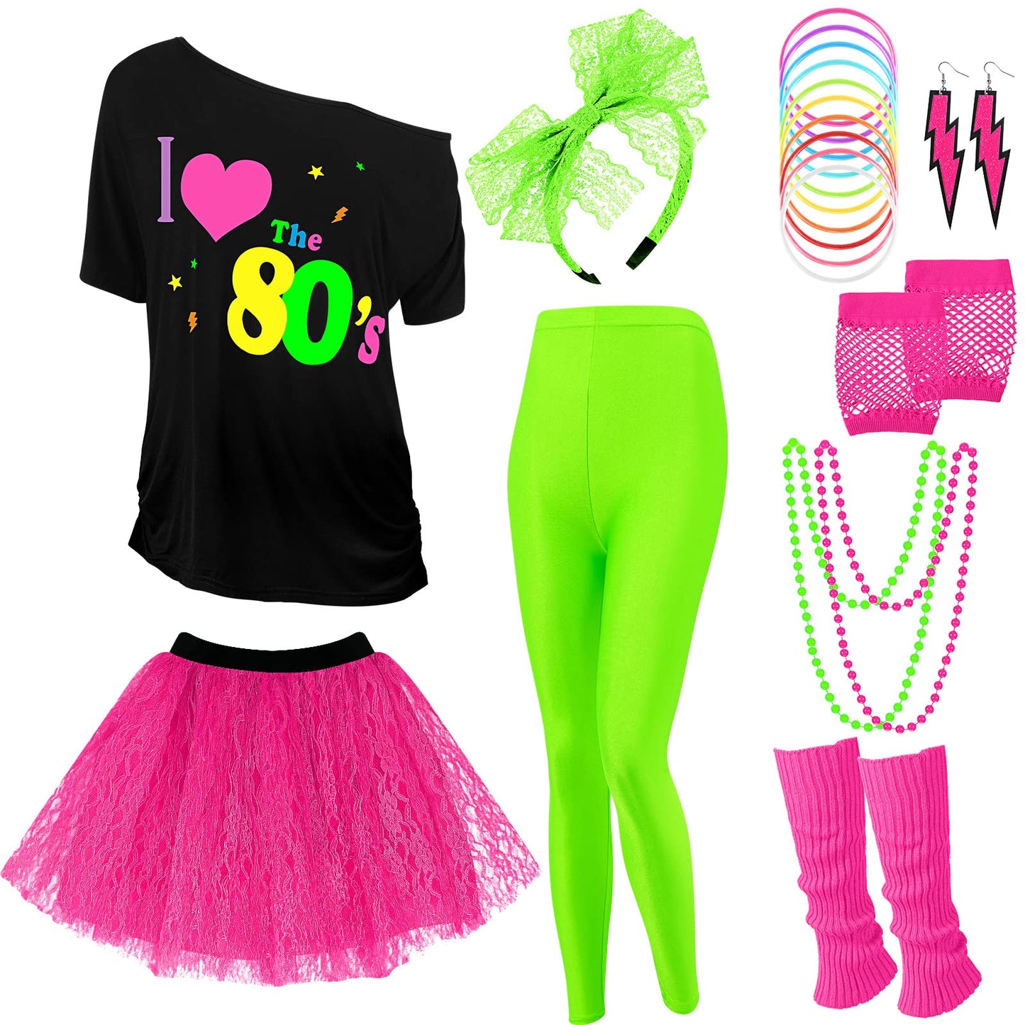 Vabean 19 Pcs 80s Costume Set T Shirt Leggings Tutu Skirt Headband Necklace Bracelets Earrings Gloves Leg Warmers for Women