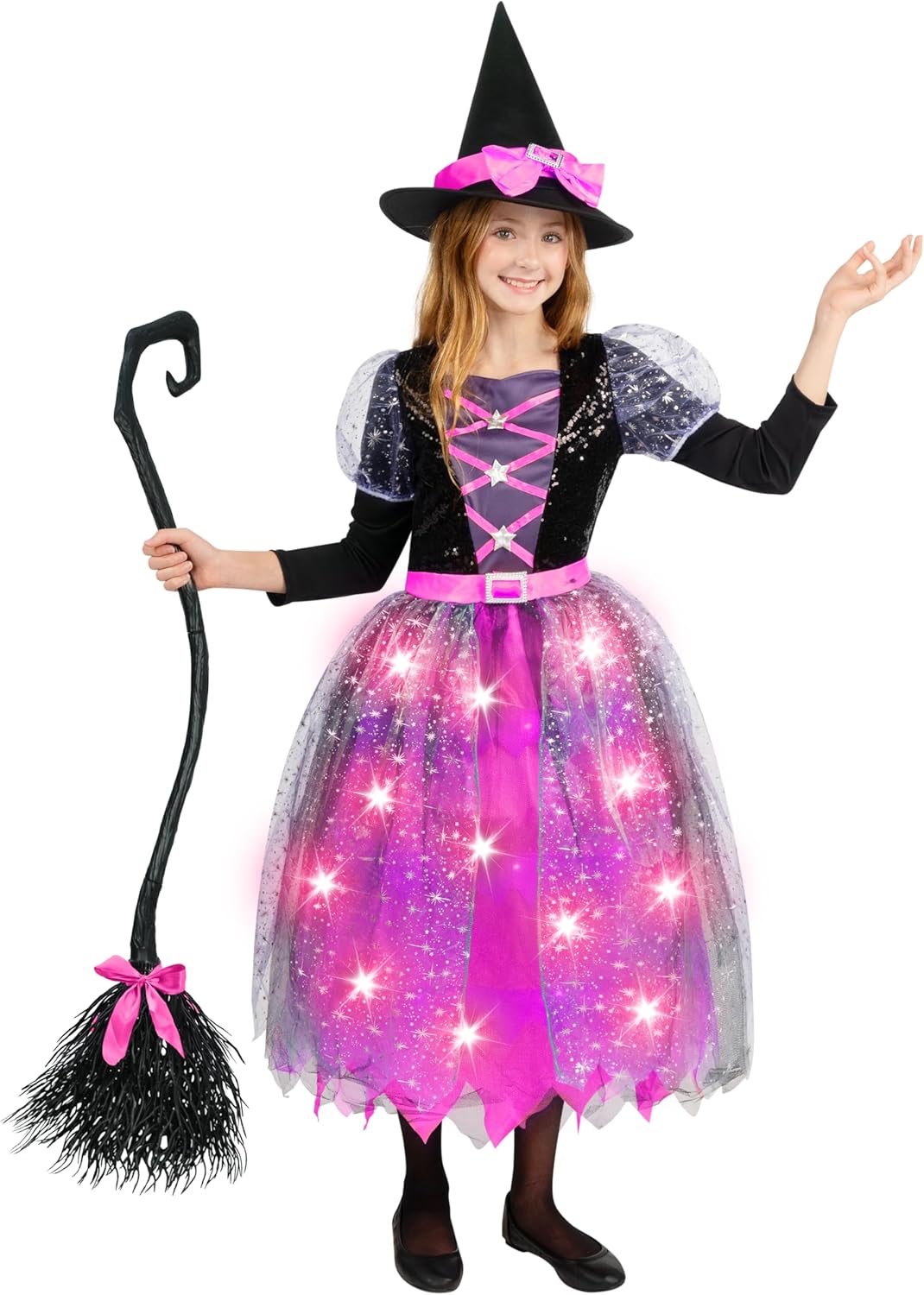 Spooktacular Creations Witch Costume Kids, Light Up Halloween Costumes Witch Dress with Hat and Broom for Girls, Sweet Wizard Set for Toddler Scary Halloween Themed Parties, Pink, S