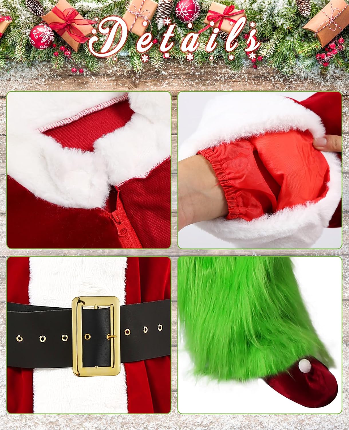 Green Christmas Costume for Men Halloween Costumes Adult Santa Costume 8PCS Deluxe Funny Cosplay Outfit