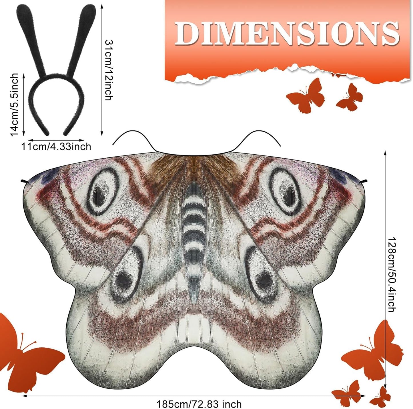 Yinder 2 Pcs Halloween Moth Wings Costume Butterfly Shawl Moth Wing Cape Costume Accessory with Headband 72.83 x 50.39 Inch