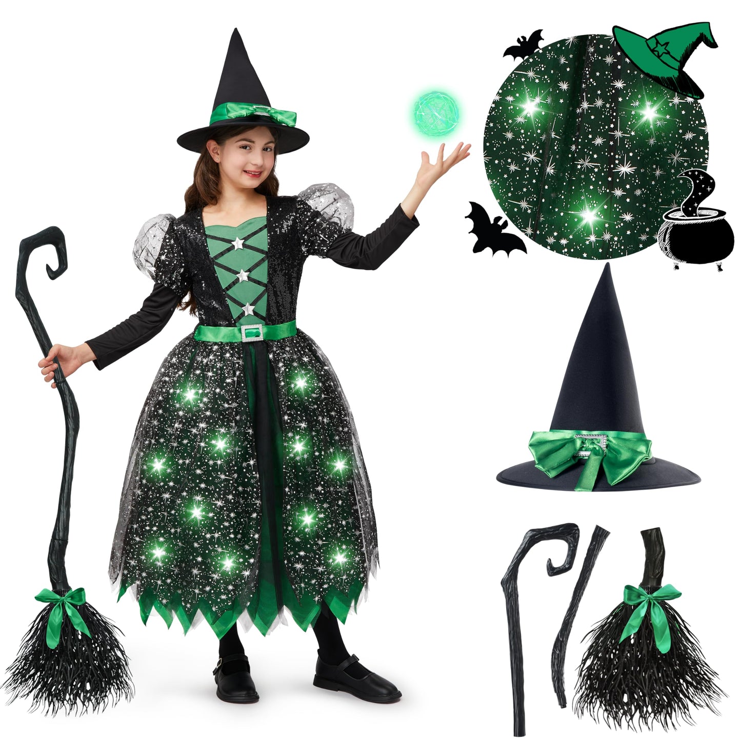 Spooktacular Creations Witch Costume Kids, Light Up Halloween Costumes Witch Dress with Hat and Broom for Girls, Sweet Wizard Set for Toddler Scary Halloween Themed Parties, Pink, S
