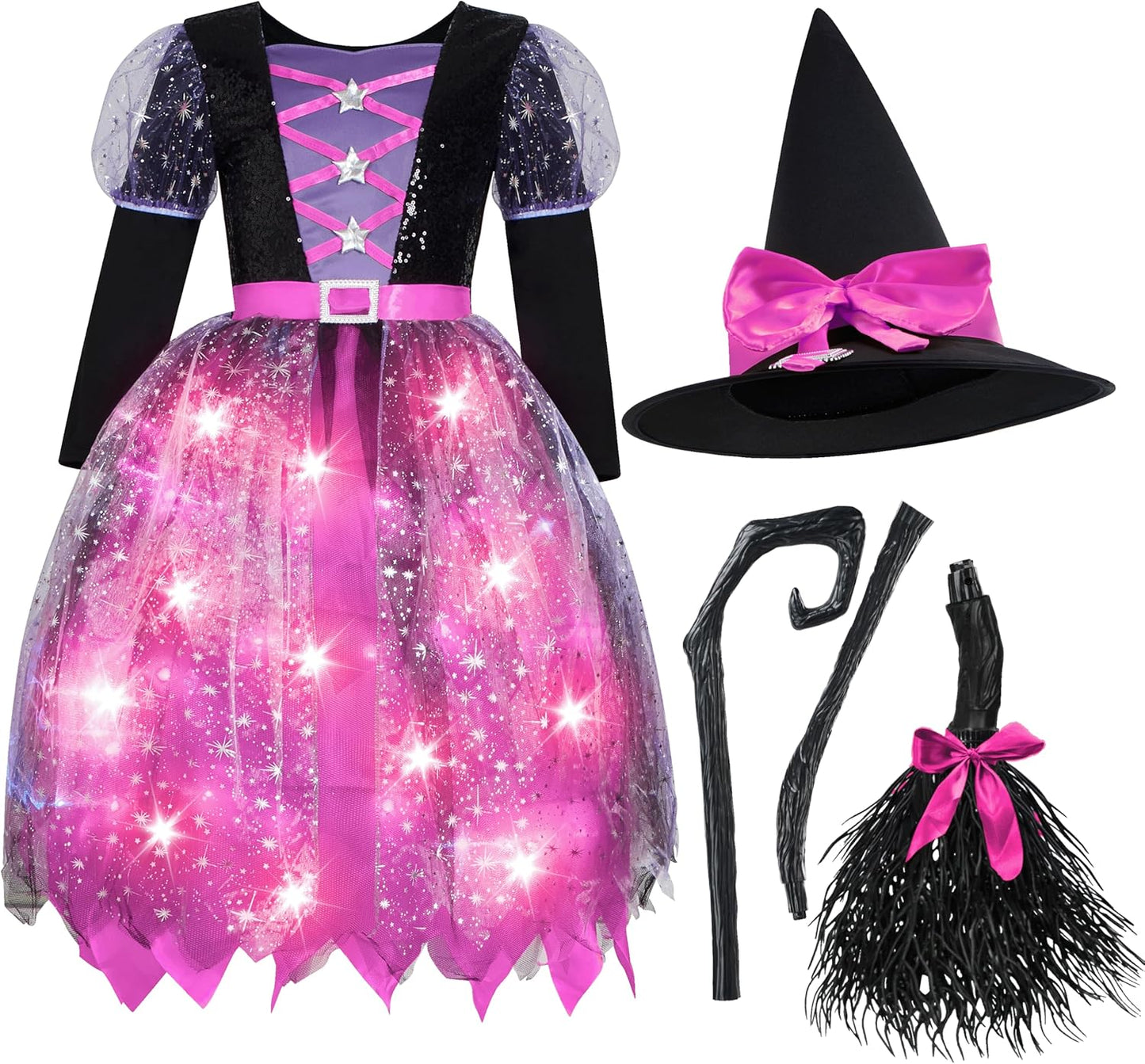 Spooktacular Creations Witch Costume Kids, Light Up Halloween Costumes Witch Dress with Hat and Broom for Girls, Sweet Wizard Set for Toddler Scary Halloween Themed Parties, Pink, S