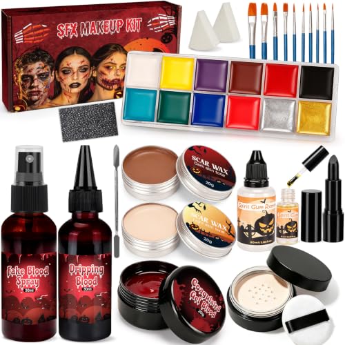24-Piece SFX Halloween Makeup Kit – Fake Blood, Scar Wax, Face Paint & Tools