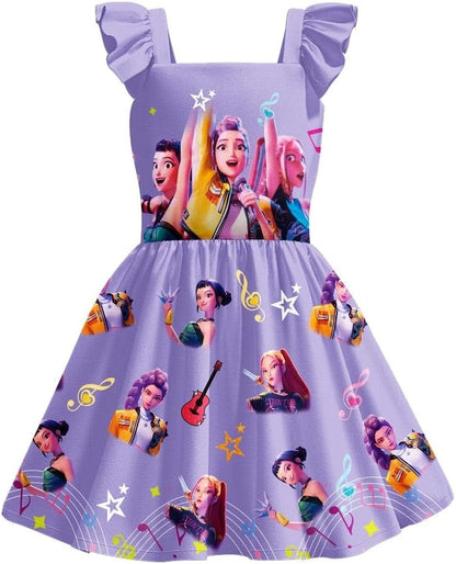 Girls Demon Hunters Costume Flutter Sleeve Dress Halloween Pop Singer Cosplay Dress up