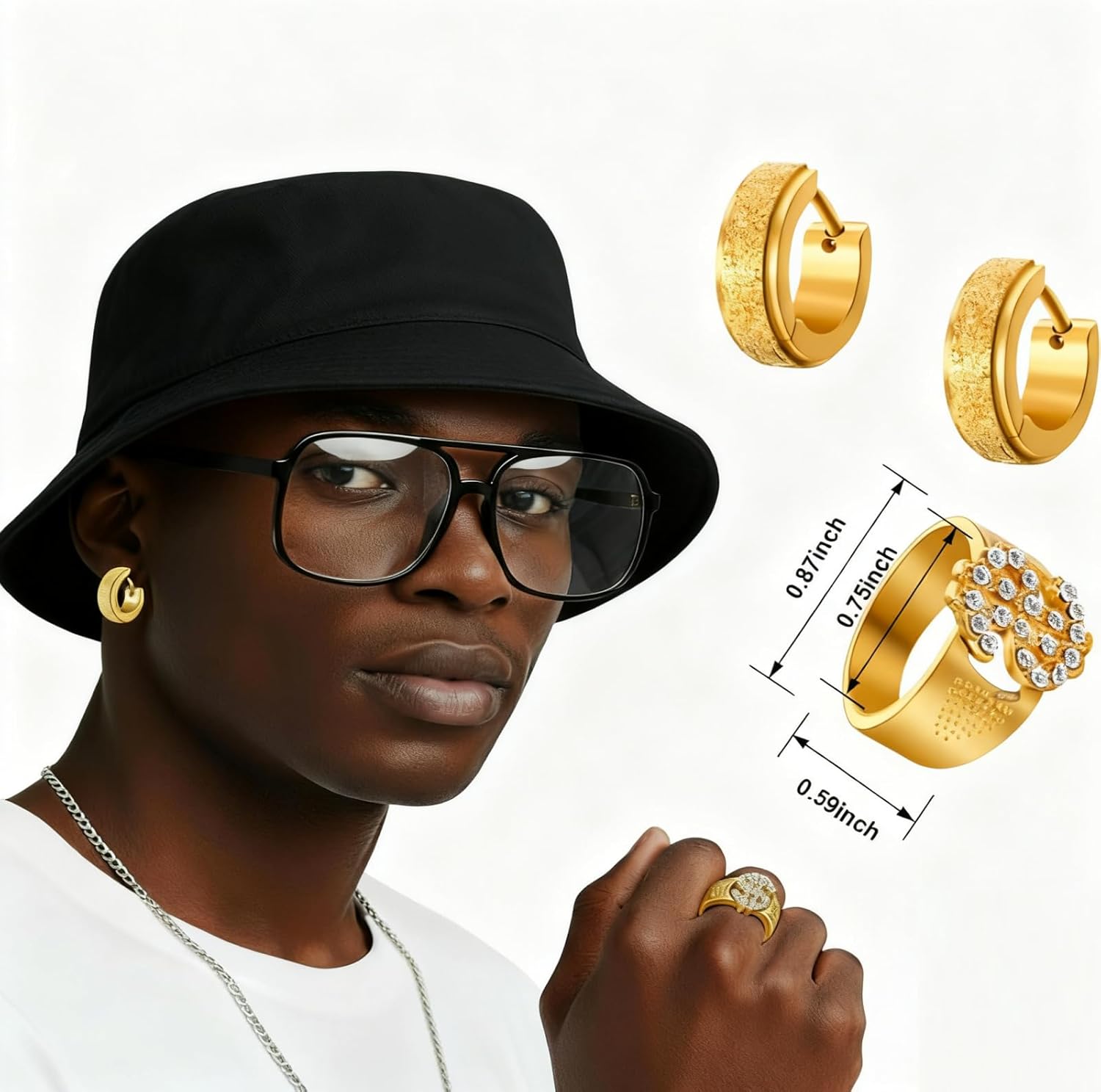 SATINIOR 80s 90s Hip Hop Costume Outfit Kit, 5 Pcs Dollar Chain Necklace Ring Bucket Hat Glasses Earring for Rapper Men Women