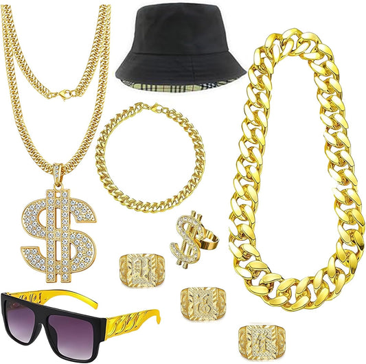 Hip Hop Costume Kit 80s 90s Rapper Accessories, Outfits for Men Women Cosplay Club Old School Themed Party Supplies