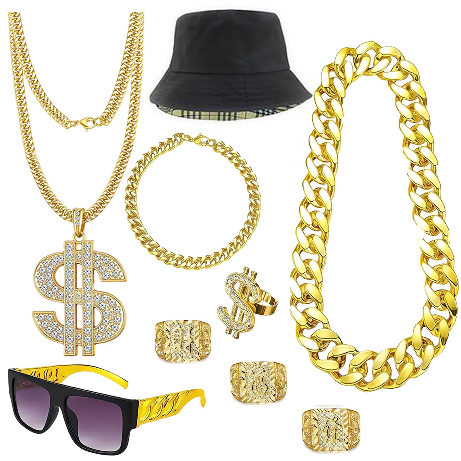 Hip Hop Costume Kit 80s 90s Rapper Accessories, Outfits for Men Women Cosplay Club Old School Themed Party Supplies