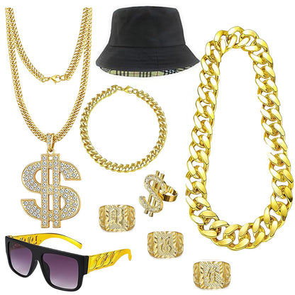 Hip Hop Costume Kit 80s 90s Rapper Accessories, Outfits for Men Women Cosplay Club Old School Themed Party Supplies