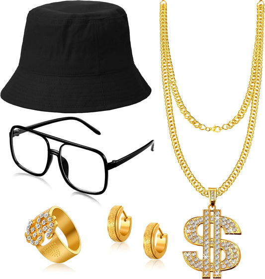 SATINIOR 80s 90s Hip Hop Costume Outfit Kit, 5 Pcs Dollar Chain Necklace Ring Bucket Hat Glasses Earring for Rapper Men Women