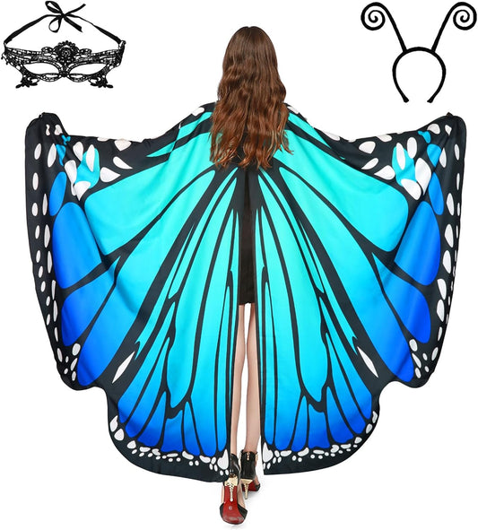 Halloween Costumes for Women Adult Butterfly Costumes Wing Cape Shawl 3Pcs with Lace Mask and Black Velvet Antenna Headband