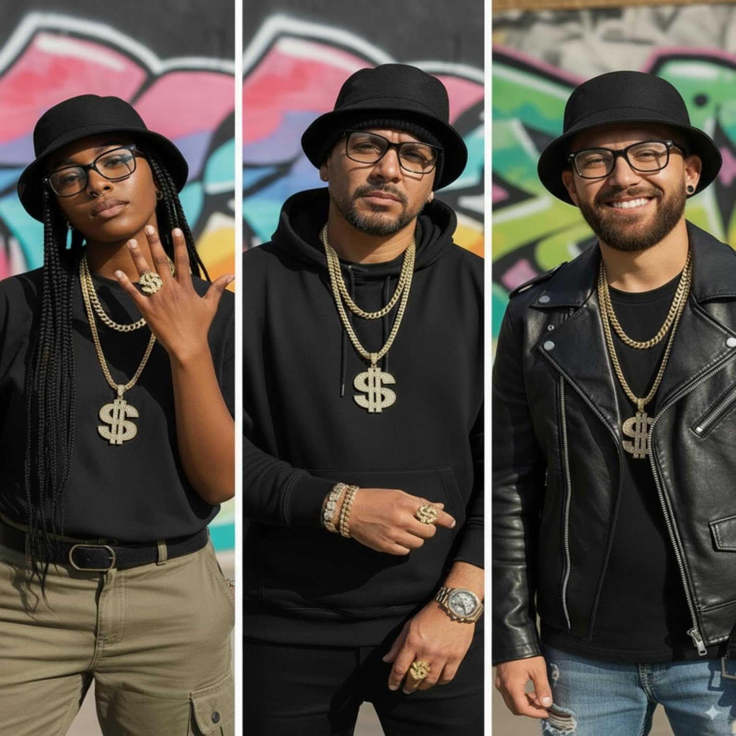 SATINIOR 80s 90s Hip Hop Costume Outfit Kit, 5 Pcs Dollar Chain Necklace Ring Bucket Hat Glasses Earring for Rapper Men Women