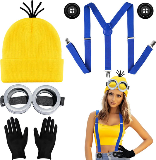 MOVINPE Halloween Costume Accessories, Yellow Beanie Hats Steampunk Goggles Glasses Elastic Suspenders Gloves Buttons Halloween Cosplay Party Set