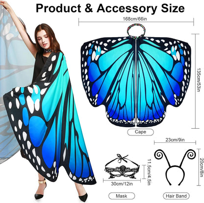 Halloween Costumes for Women Adult Butterfly Costumes Wing Cape Shawl 3Pcs with Lace Mask and Black Velvet Antenna Headband