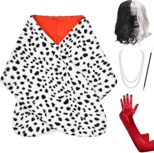 Halloween Costume Women 2025- Dalmatian Shawl, Red Gloves, Necklace and Wig Cap Accessories for Adult (Short Wig)
