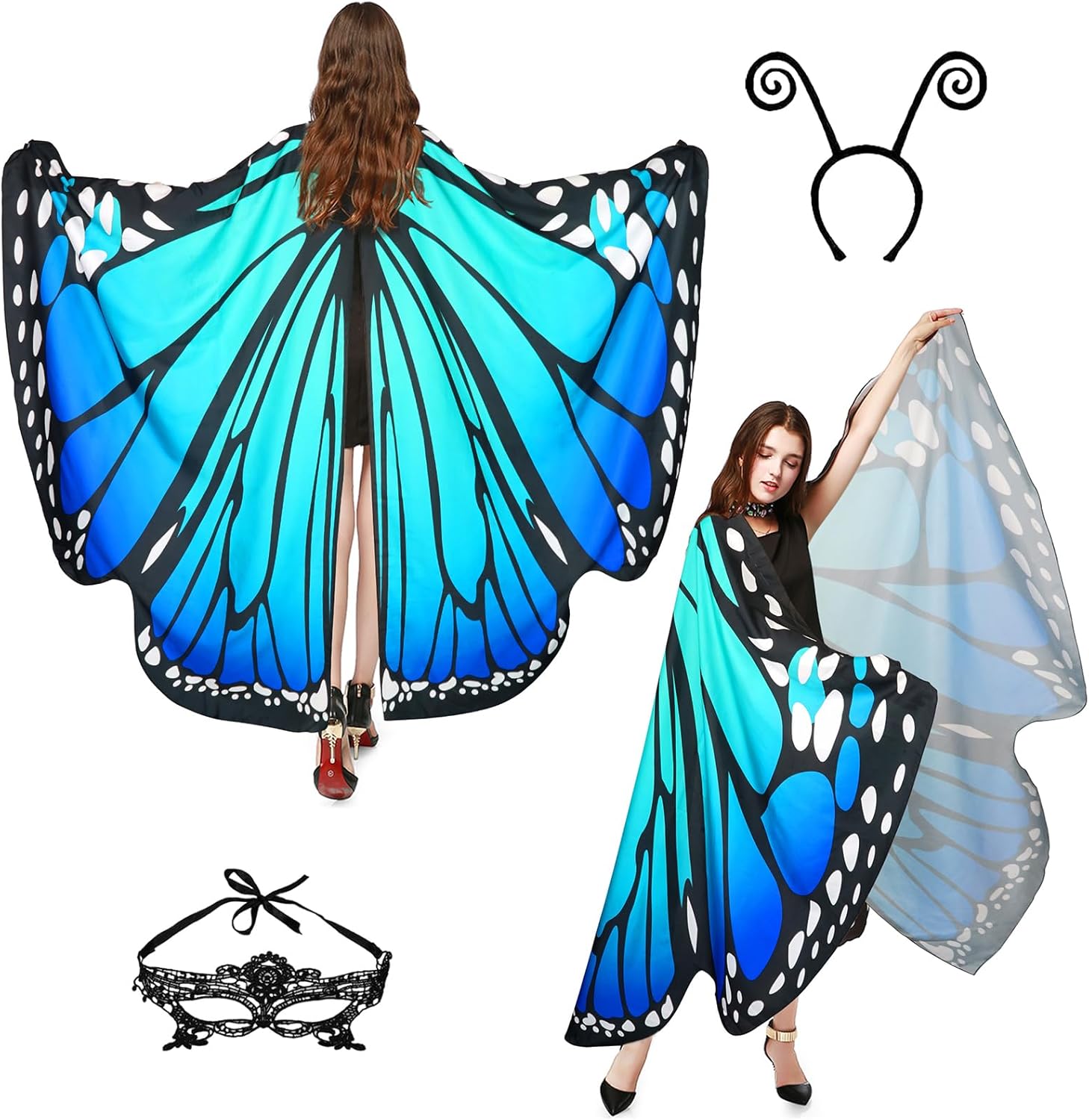 Halloween Costumes for Women Adult Butterfly Costumes Wing Cape Shawl 3Pcs with Lace Mask and Black Velvet Antenna Headband
