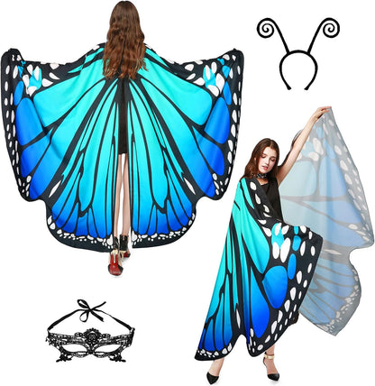 Halloween Costumes for Women Adult Butterfly Costumes Wing Cape Shawl 3Pcs with Lace Mask and Black Velvet Antenna Headband