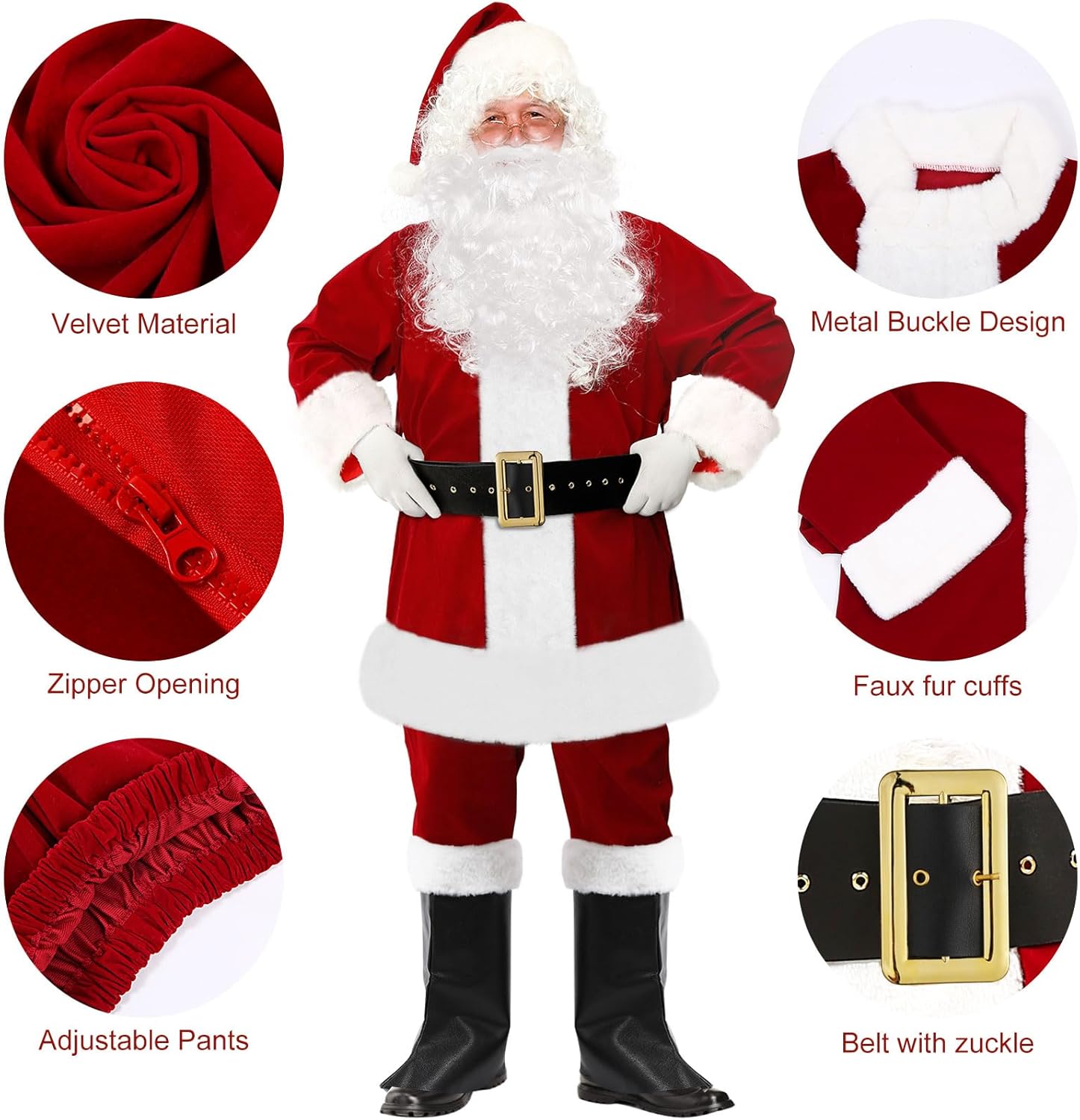 SOMOYA Christmas Santa Claus Costume with Beards Santa Suit Adult Men Deluxe 9PCS Complete Deluxe Santa Outfit Set Burgundy