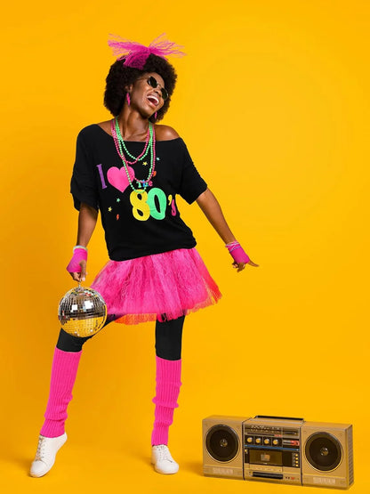 Vabean 19 Pcs 80s Costume Set T Shirt Leggings Tutu Skirt Headband Necklace Bracelets Earrings Gloves Leg Warmers for Women