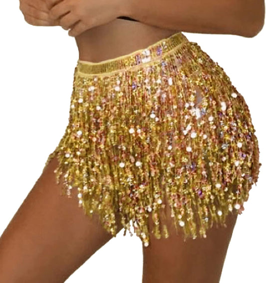 Women's Sequin Tassel Skirts Rave Fringe Hip Scarf for Festival