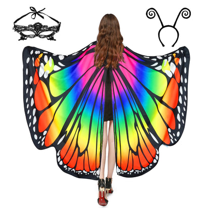 Halloween Costumes for Women Adult Butterfly Costumes Wing Cape Shawl 3Pcs with Lace Mask and Black Velvet Antenna Headband