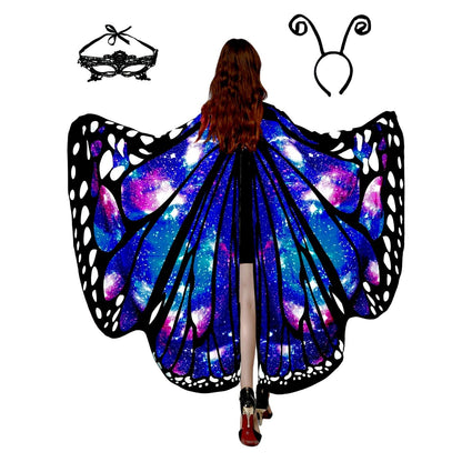 Halloween Costumes for Women Adult Butterfly Costumes Wing Cape Shawl 3Pcs with Lace Mask and Black Velvet Antenna Headband