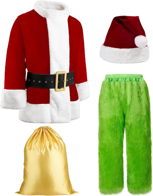Green Christmas Costume for Men Halloween Costumes Adult Santa Costume 8PCS Deluxe Funny Cosplay Outfit