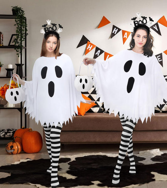 4 Pcs Ghost Costume Adult with Accessories,Ghost Costume Women Poncho/Bag/Headband/Tights Halloween Cosplay