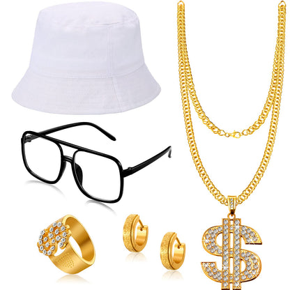 SATINIOR 80s 90s Hip Hop Costume Outfit Kit, 5 Pcs Dollar Chain Necklace Ring Bucket Hat Glasses Earring for Rapper Men Women