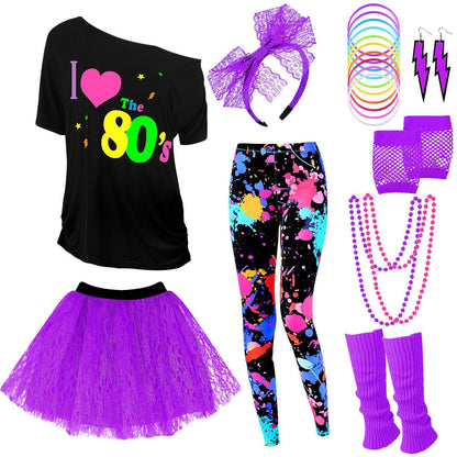 Vabean 19 Pcs 80s Costume Set T Shirt Leggings Tutu Skirt Headband Necklace Bracelets Earrings Gloves Leg Warmers for Women