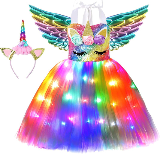 Soyoekbt Girls Unicorn Costume LED Light Up Unicorn Dress Birthday Party Princess Dress for Halloween Party