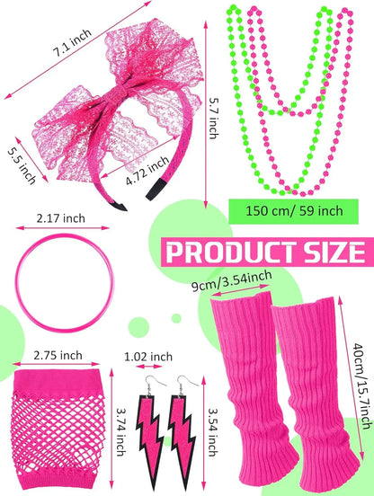Vabean 19 Pcs 80s Costume Set T Shirt Leggings Tutu Skirt Headband Necklace Bracelets Earrings Gloves Leg Warmers for Women