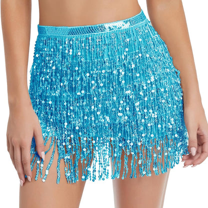Women's Sequin Tassel Skirts Rave Fringe Hip Scarf for Festival