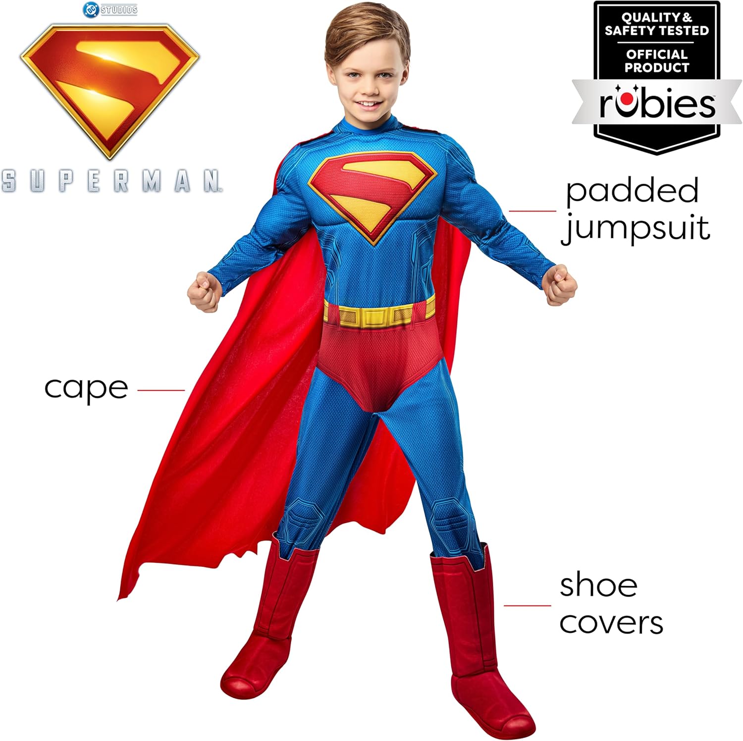 Rubies Superman Deluxe Kids Boys Costume Jumpsuit with Shoe Covers and Cape