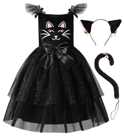 Girls black cat Halloween costume with ears and tail