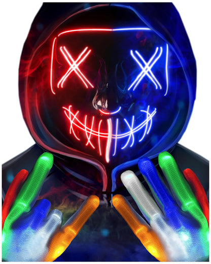 Sago Brothers Halloween Mask Skeleton Gloves Set, Light Up Scary LED Mask with Glow Gloves, Halloween Costumes for Boys Girls