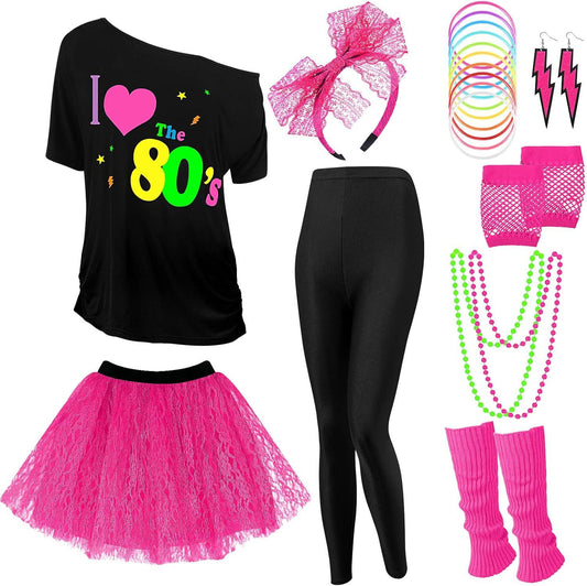 Vabean 19 Pcs 80s Costume Set T Shirt Leggings Tutu Skirt Headband Necklace Bracelets Earrings Gloves Leg Warmers for Women
